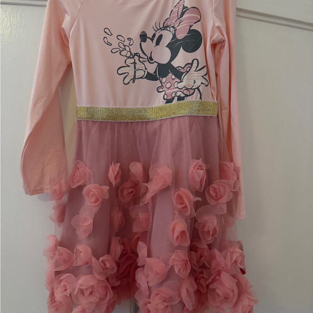 Disney Pink Minnie Mouse Floral Tulle Dress with Gold Waistband